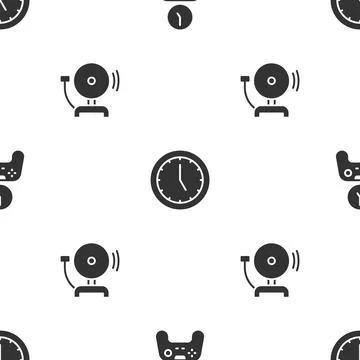 Set Gamepad of time, Clock and Ringing alarm bell on seamless pattern. Vector 스톡 일러스트