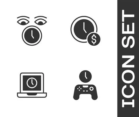 Set Gamepad of time, Clock, Laptop and Time is money icon. Vector 스톡 일러스트