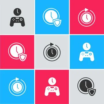 Set Gamepad of time, Clock with shield and arrow icon. Vector Stock Illustration