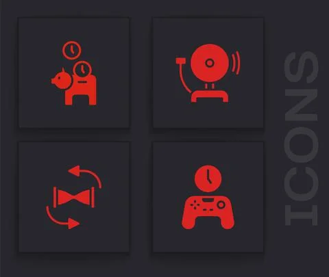 Set Gamepad of time, Piggy bank with coin, Ringing alarm bell and Old hourglass Stock Illustration