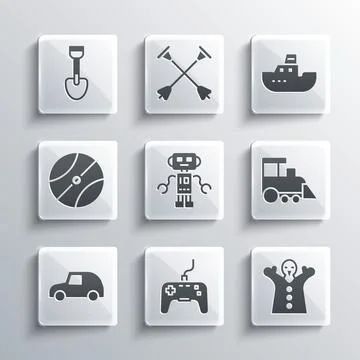 Set Gamepad, Toy puppet doll on hand, train, Robot toy, car, Basketball ball Stock Illustration