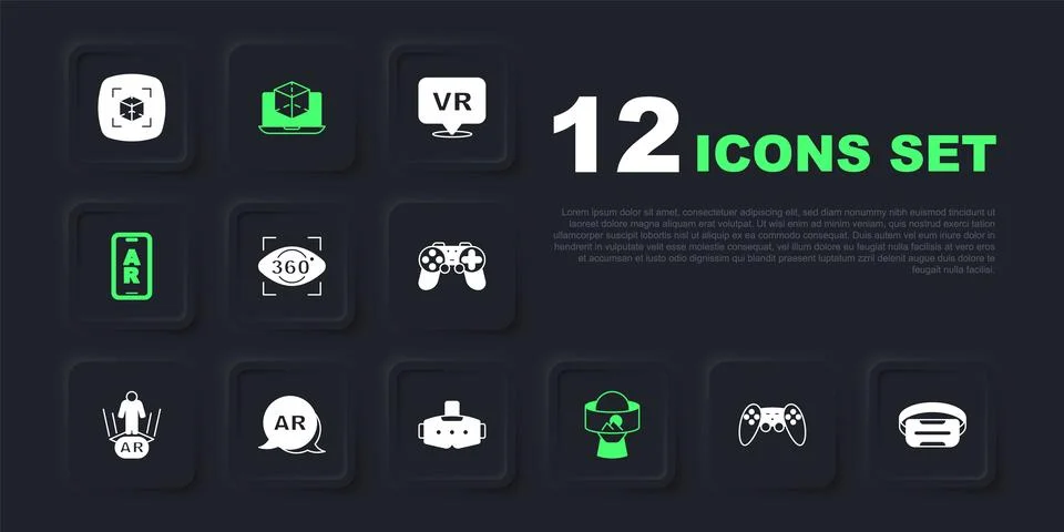 Set Gamepad, Virtual reality glasses, 360 degree view, Augmented AR, 3d mod.. Stock Illustration