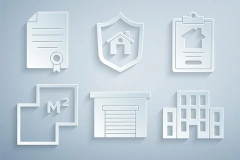 Set Garage, House contract, plan, with shield and icon. Vector Ilustración de archivo
