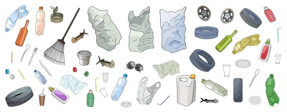 Set of garbage and bags isolate on white background. Vector illustration. Stock Illustration