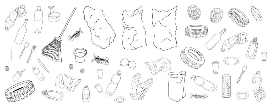 Set of garbage and bags isolate on white background. Vector illustration. Stock Illustration