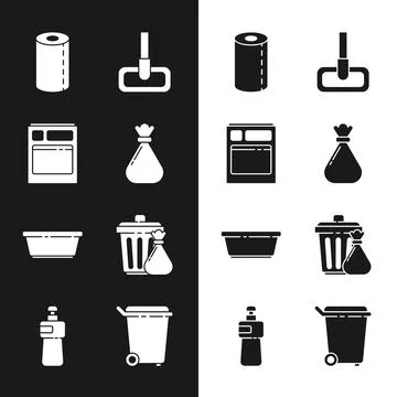Set Garbage bag, Kitchen dishwasher machine, Paper towel roll, Mop, Plastic.. Stock Illustration