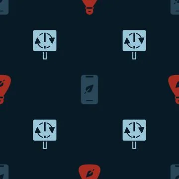 Set Garbage bag, Mobile phone with leaf and Recycle symbol on seamless pattern Illustrazione stock