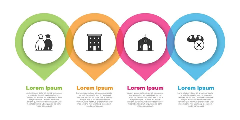 Set Garbage bag, Multi storey building, Church and Donation food. Business .. Ilustración de archivo