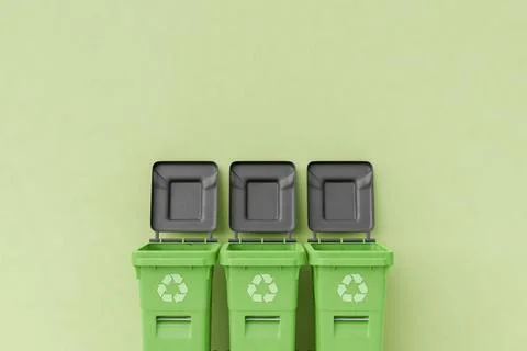 Set of garbage cans with opened lids against green background イラスト素材
