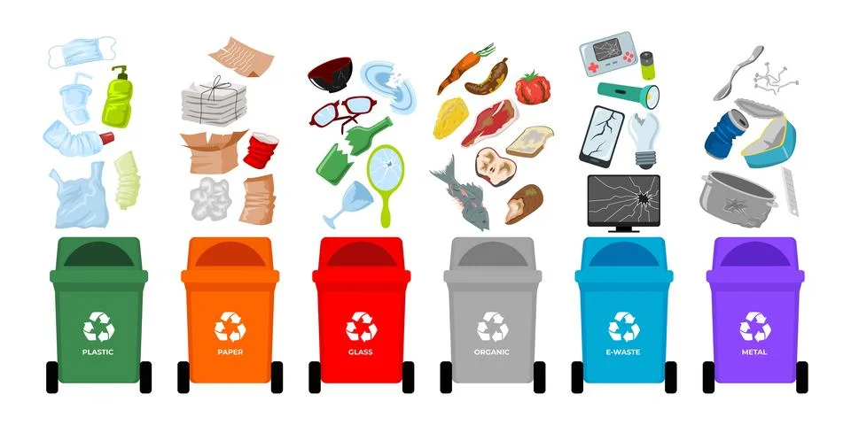 Set of garbage cans with sorted garbage collection. Sorting garbage infogra.. Stock Illustration