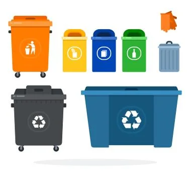 Set of garbage containers for recycling, different shapes, sizes, colors vector Stock Illustration
