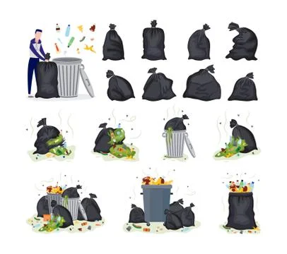 Set of garbage items - plastic bags, rubbish and man flat vector illustration. Illustrazione stock