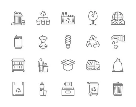 Set of Garbage Line Icons. Dumpster, Beer Can, Broken Glass, Apple Core and more Stock Illustration