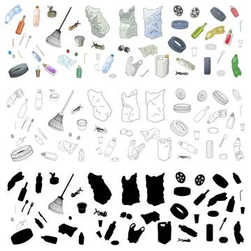 Set of garbage, plastic utensils, plastic straws, bags and wastes. Vector ill Stock Illustration