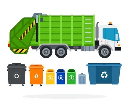 Set of garbage truck and different types of garbage containers, tanks vector Stock-Illustration