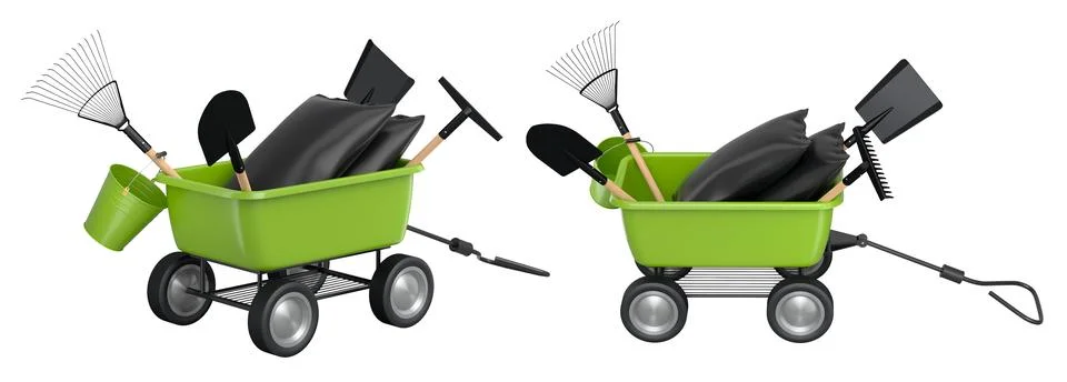 Set of garden carts filled with tools, shovels, rakes, and black bags isolate Stock Illustration