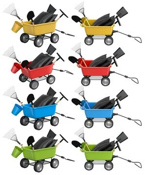 Set of garden carts filled with tools, shovels, rakes, and black bags isola.. Stock Illustration