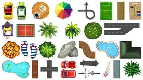 Set of garden elements in bird eye view isolated on white background Stock Illustration