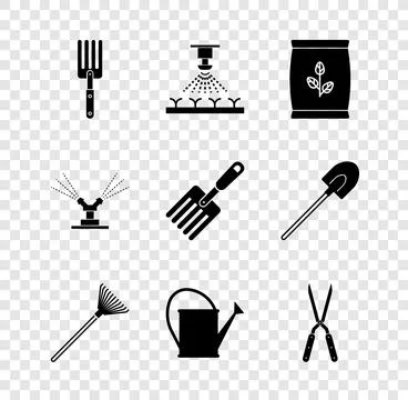 Set Garden fork, Automatic irrigation sprinklers, Fertilizer bag, rake leav.. Stock Illustration