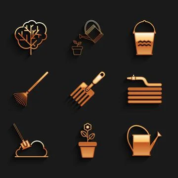 Set Garden fork, Flower in pot, Watering can, hose fire hose, Shovel the ground Illustration