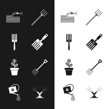 Set Garden fork, hose fire hose, pitchfork, Flower in pot, Automatic irrigation Illustration