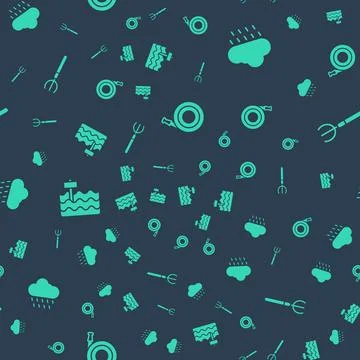 Set Garden hose, Cloud with rain, bed and pitchfork on seamless pattern. Vector 스톡 일러스트