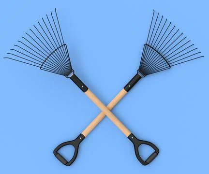 Set of garden pitchfork and rake with wooden handle for harvesting hay on blu Stock Illustration