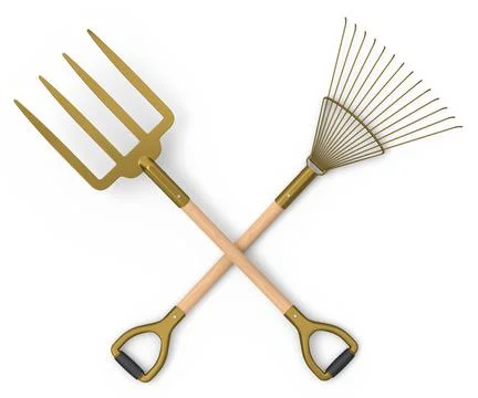 Set of garden pitchfork and rake with wooden handle for harvesting hay on whi Stock Illustration