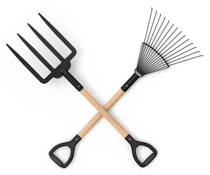 Set of garden pitchfork and rake with wooden handle for harvesting hay on whi Illustrazione stock