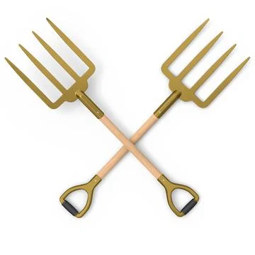 Set of garden pitchfork and rake with wooden handle for harvesting hay on whi Illustrazione stock