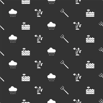 Set Garden pitchfork, bed, Cloud with rain and Strawberry bush on seamless .. Stock Illustration