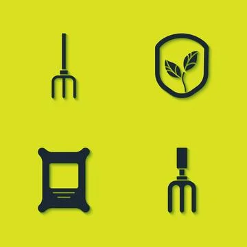 Set Garden pitchfork, rake, Fertilizer bag and Shield with leaf icon. Vector Stock Illustration