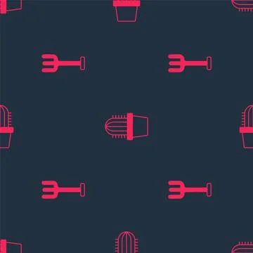 Set Garden rake and Cactus peyote in pot on seamless pattern. Vector 스톡 일러스트