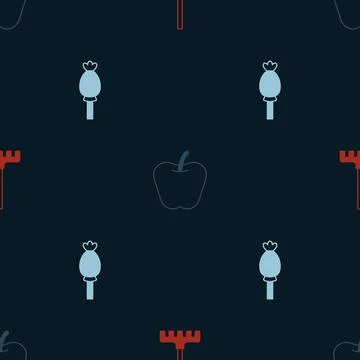 Set Garden rake, Apple and Opium poppy on seamless pattern. Vector Stock Illustration