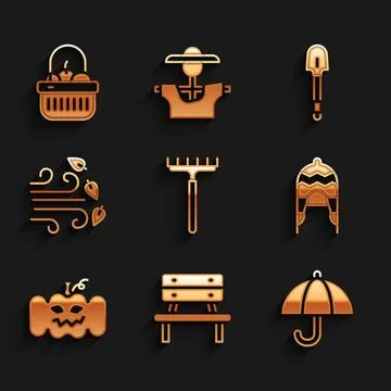 Set Garden rake, Bench, Umbrella, Winter hat, Pumpkin, Windy weather, Shove.. イラスト素材