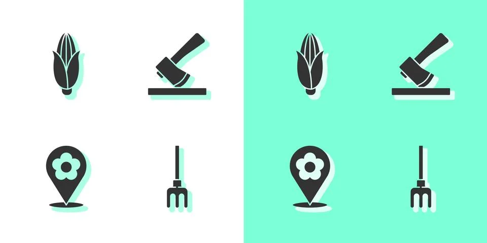 Set Garden rake, Corn, Location with flower and Wooden axe icon. Vector Illustration