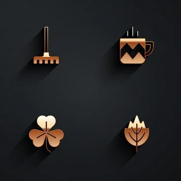 Set Garden rake, Cup of tea, Clover and Leaf icon with long shadow. Vector 스톡 일러스트
