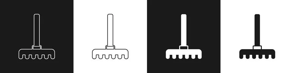 Set Garden rake icon isolated on black and white background. Tool for horti.. Stock Illustration