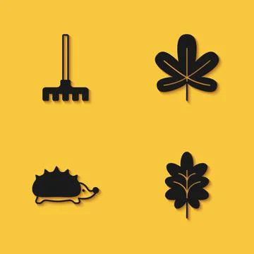 Set Garden rake, Leaf, Hedgehog and Chestnut leaf icon with long shadow. Vector Illustrazione stock