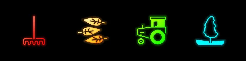 Set Garden rake, Leaf or leaves, Tractor and Tree icon. Vector Stock Illustration