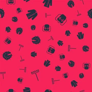 Set Garden rake, Raincoat, Chestnut and School backpack on seamless pattern 库存插图