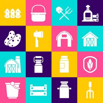 Set Garden rake, Shield corn, Farm house, Shovel and, Wooden axe, Potato, fence 스톡 일러스트