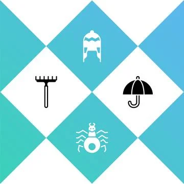 Set Garden rake, Spider, Winter hat and Umbrella icon. Vector Stockillustratie
