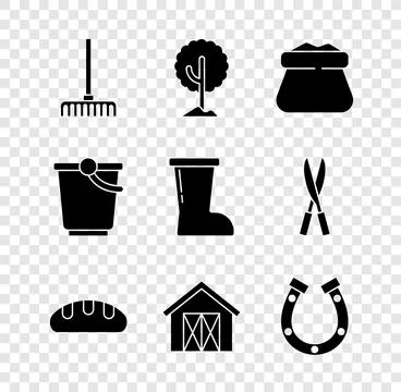 Set Garden rake, Tree, Full sack, Bread loaf, Farm house, Horseshoe, Bucket.. Stock-Illustration
