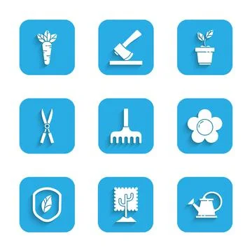 Set Garden rake, Tree, Watering can, Flower, Shield with leaf, Gardening hand Stock Illustration