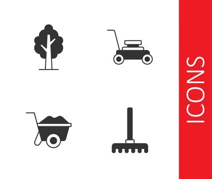 Set Garden rake, Tree, Wheelbarrow and Lawn mower icon. Vector Stock Illustration