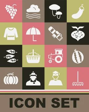 Set Garden rake, Watermelon, Beet, Mushroom, Umbrella, Sweater, Grape fruit.. Stockillustratie