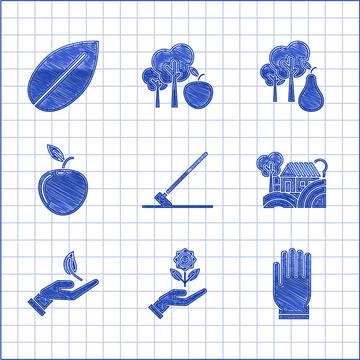 Set Garden rake in work, Hand holding flower, gloves, Farm House concept, Sprout Stock Illustration