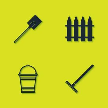 Set Garden shovel, rake, Bucket and fence icon. Vector Illustrazione stock
