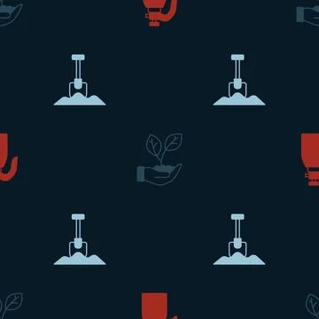 Set Garden sprayer for water, Leaf in hand and Shovel on seamless pattern. .. Illustrazione stock